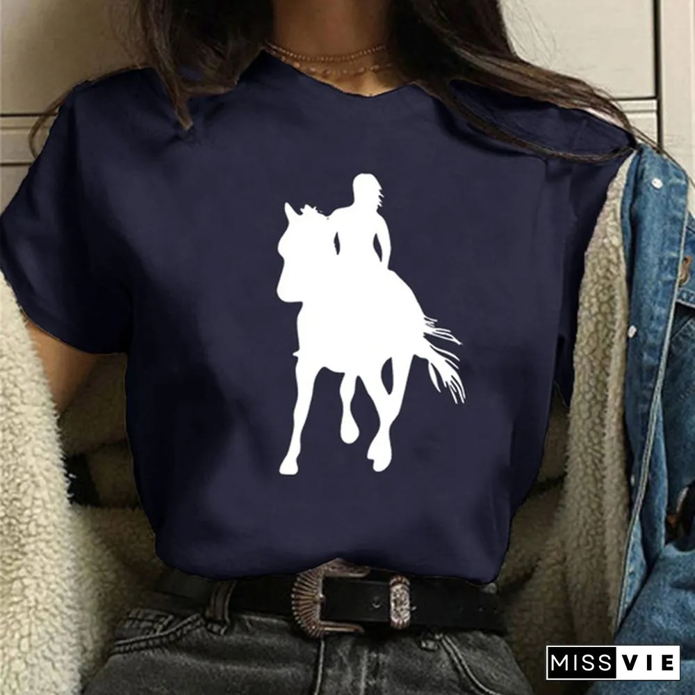 Womens Horse Print Knight Shirts Womens Tops Casual Tees Women Blouse Graphic T-Shirt