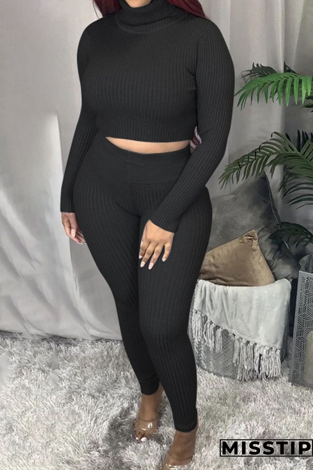 Grey Sexy Solid Patchwork Turtleneck Long Sleeve Two Pieces