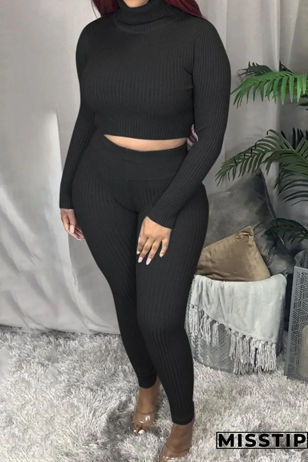 Grey Sexy Solid Patchwork Turtleneck Long Sleeve Two Pieces