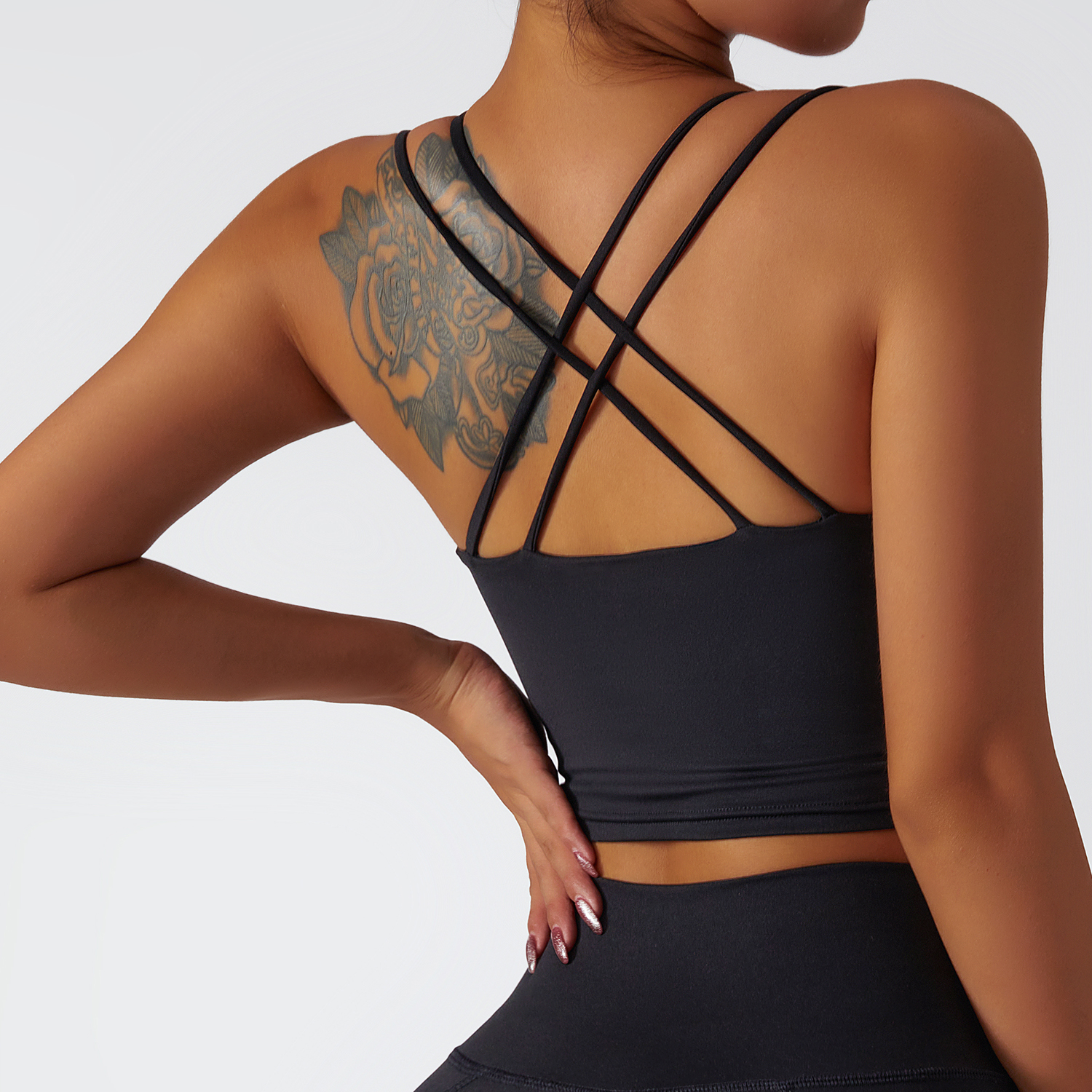 Shop Black environmentally friendly recycled fabric 4 way stretch ethically made naked feel high support cross back sports bra online on Hergymclothing