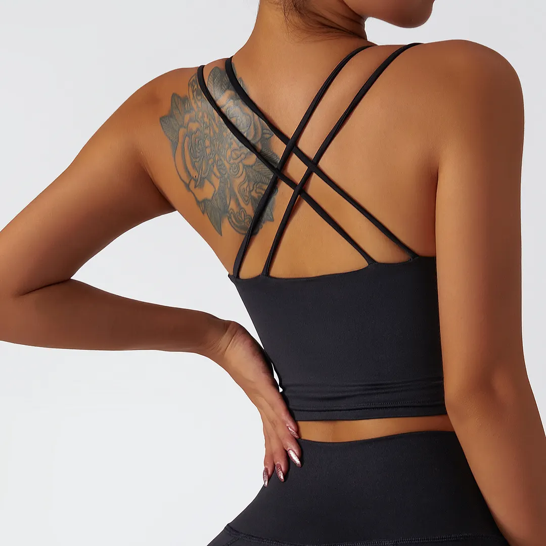 Shop Black environmentally friendly recycled fabric 4 way stretch ethically made naked feel high support cross back sports bra online on Hergymclothing