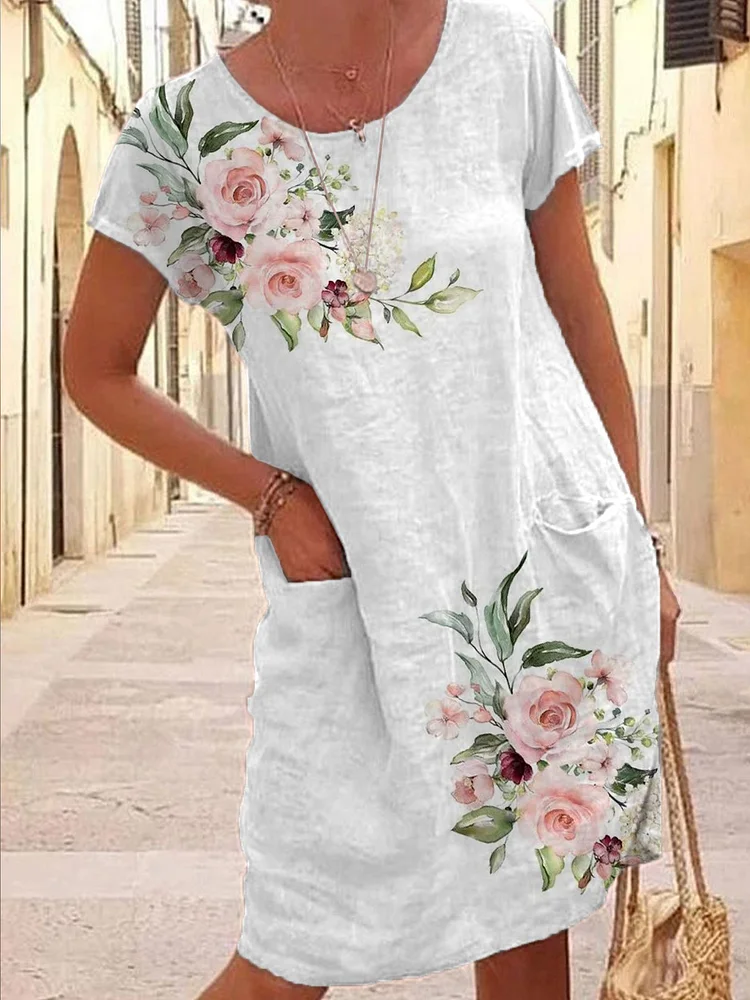 Womens Floral Print Casual Pocket Dress