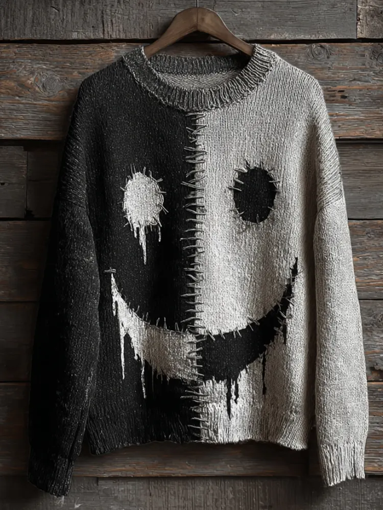 Halloween Ghost Face Black And White Vintage Long-sleeve Round-neck Sweater