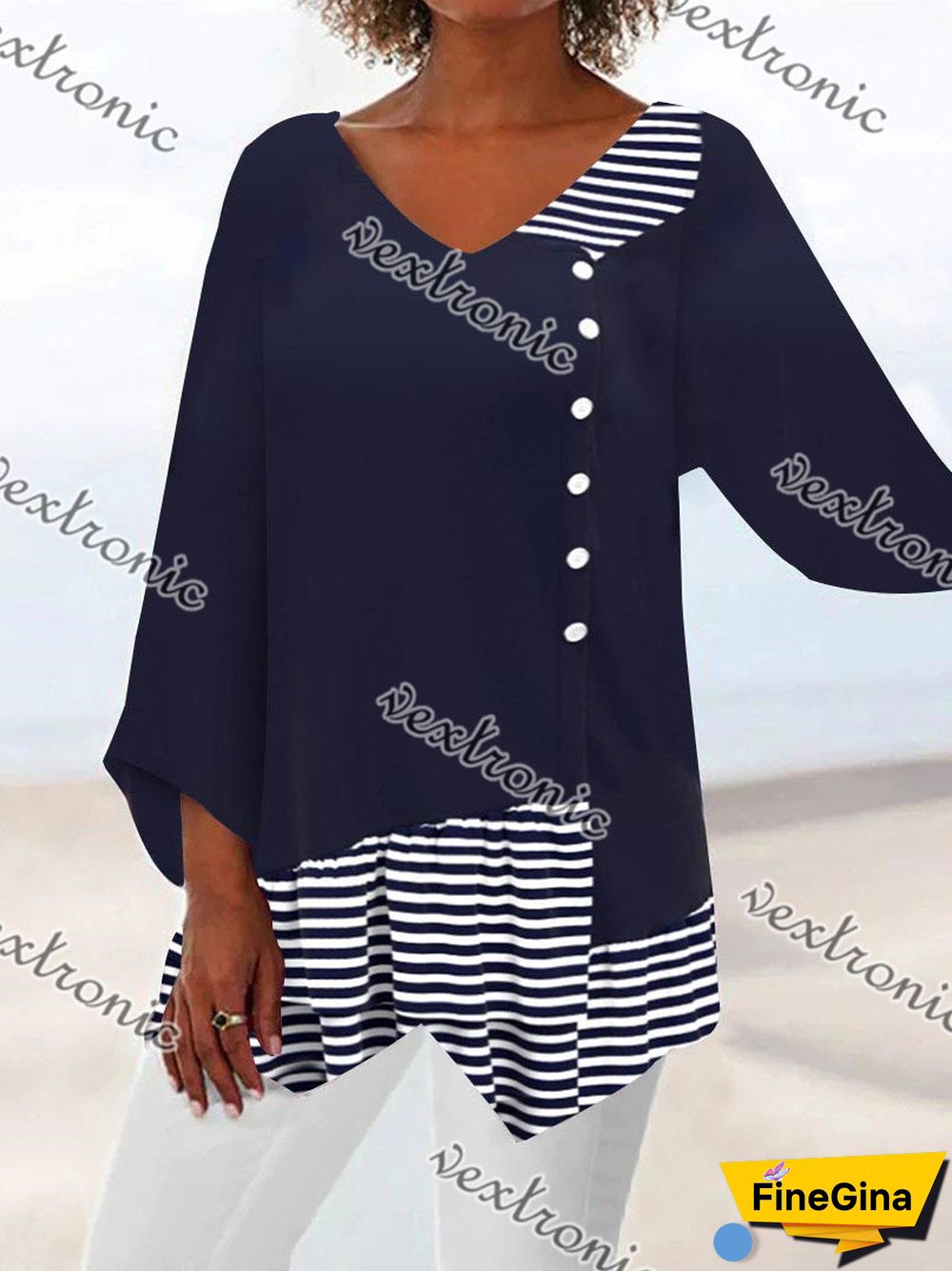 Women Asymmetrical 3/4 Sleeve V-neck Striped Stitching Top Dress