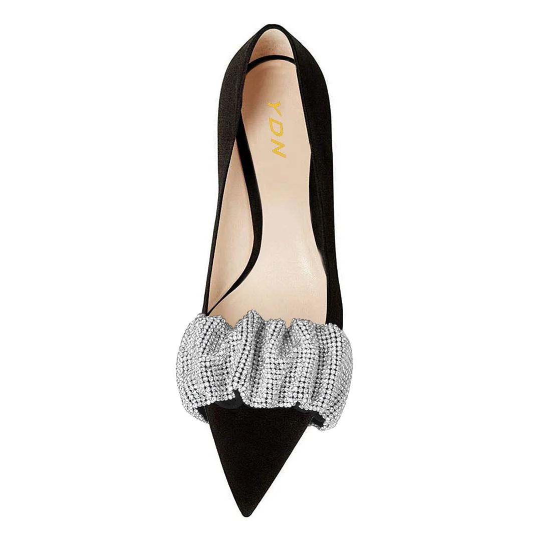Faux Suede Pointed Rhinestone Embellished Black Kitten Heels