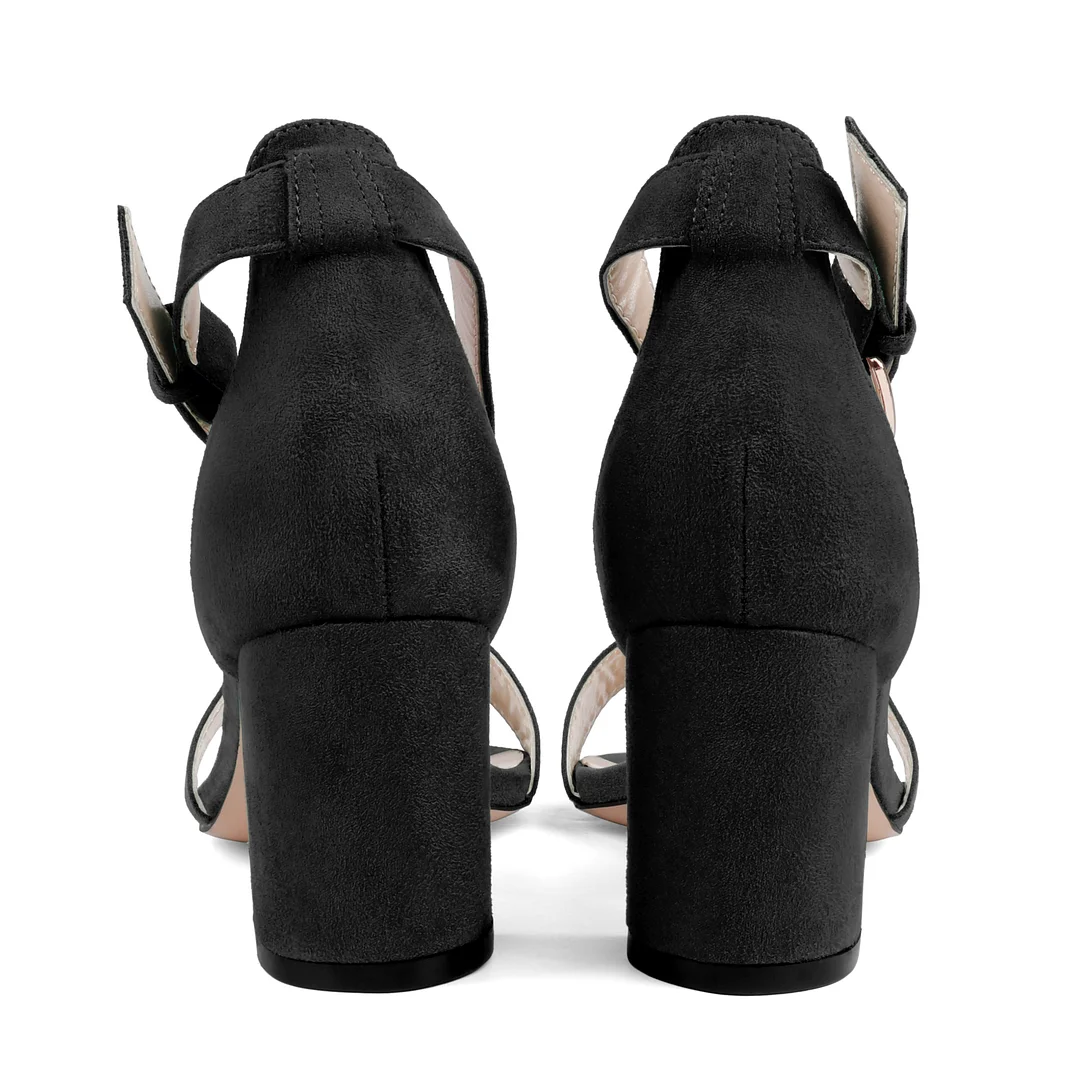 3.54"  Women's Ankle Strap Pumps Block Heel Open Toe Suede Sandals Summer Shoes-MERUMOTE