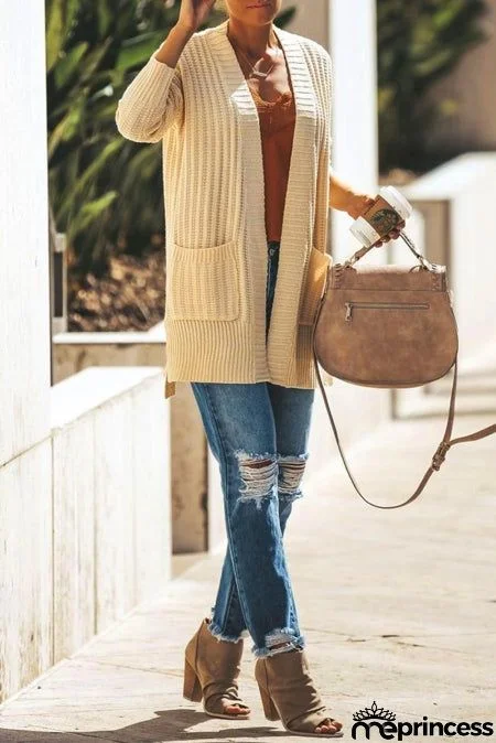 Apricot Shawl Neckline Long Sleeve Cardigan with Pocket