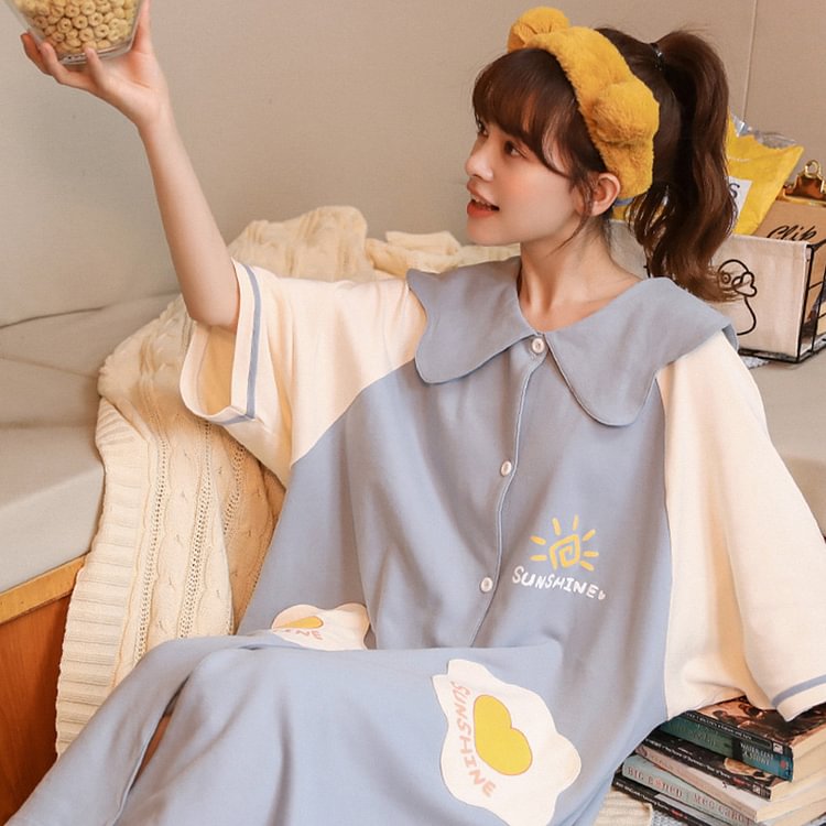 SUNSHINE Egg Letter Button Nightdress Pajamas - Modakawa Modakawa