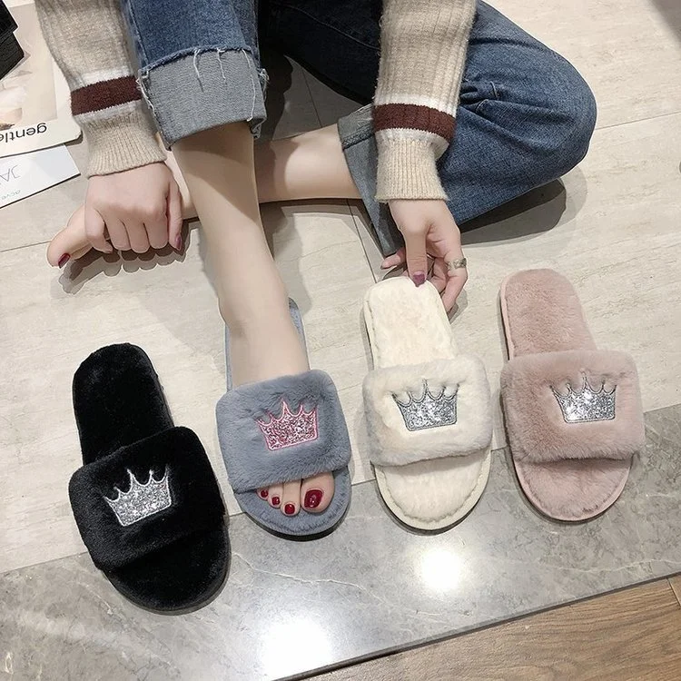 Wongn Wongn Winter New Korean Version Of The Crown Sequins One-Word Plush Warm Wool Slippers Flat Cotton Drag Female