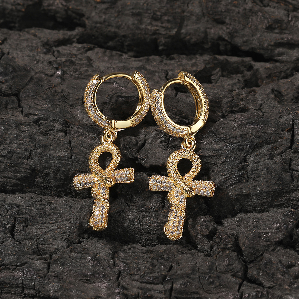 Iced Out Cross Drop Bling CZ Stone Gold/Silver Earrings