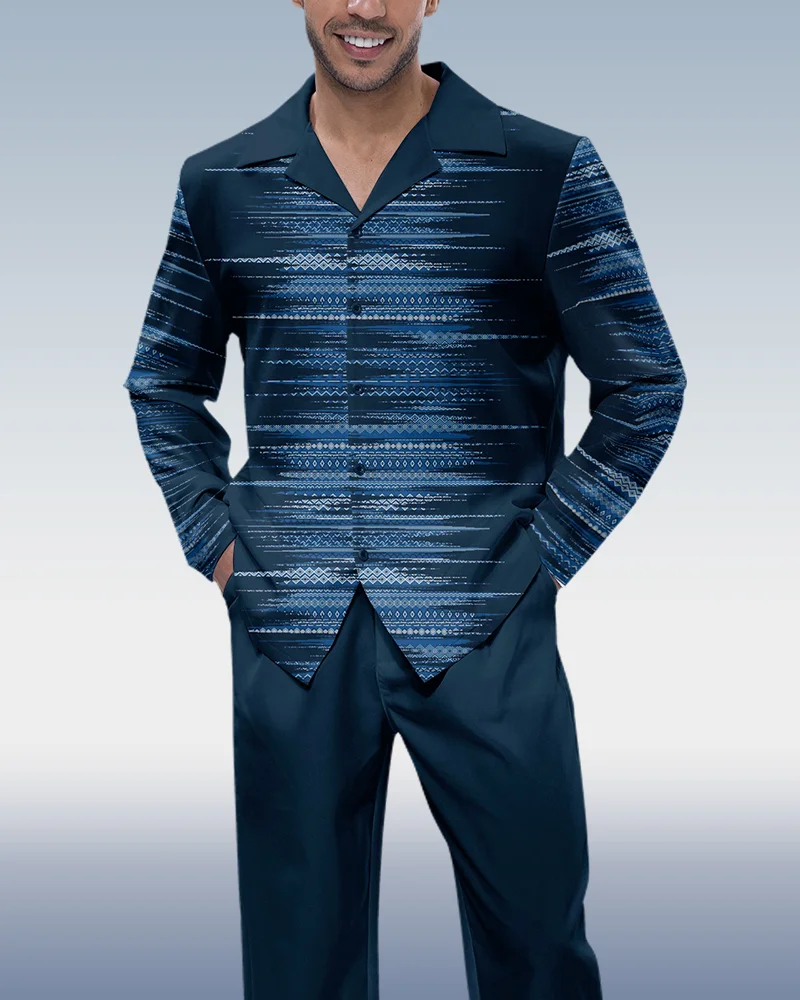 Suitmens Men's Navy Blue Gradient Print Long Sleeve Walking Suit 189
