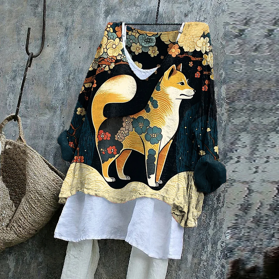 Vintage Shiba inu dog Japanese Art Blossom Print V-Neck Shirt
