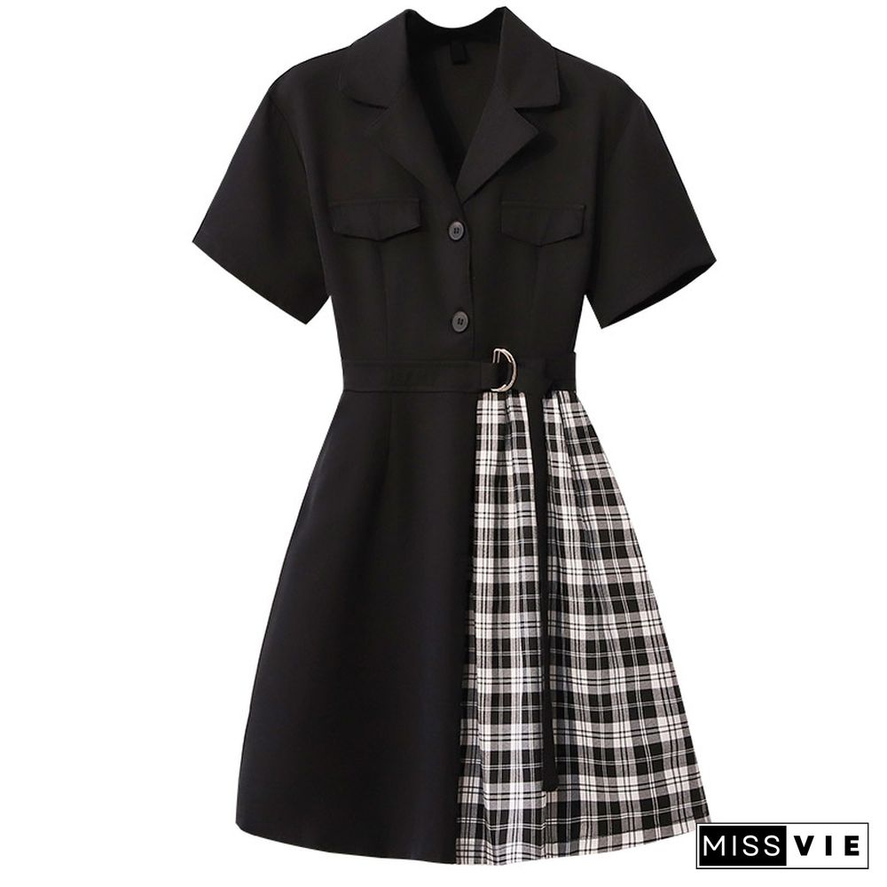 Belted Lapel Lattice Pleated Dress