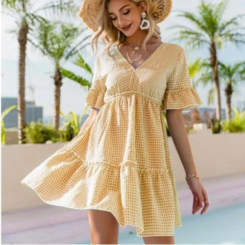 Fashion Ruffled Sleeve Plaid Dress | EGEMISS