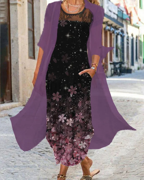 Fake Two Piece Casual Crew Neck Printed Maxi Dress S-5XL