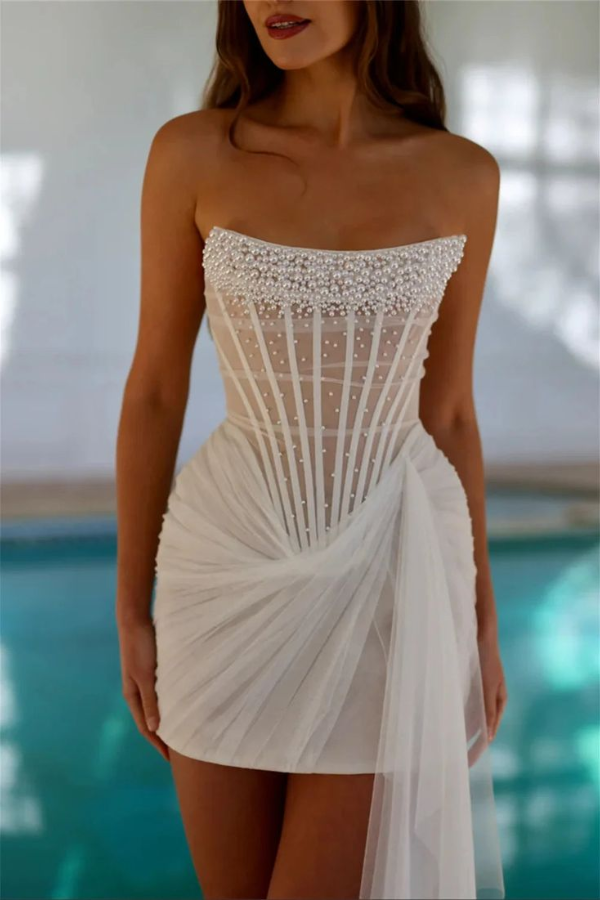 Ovlias White Boat Neck Strapless Homecoming Dress Pleated Sheer with Beading HC0192