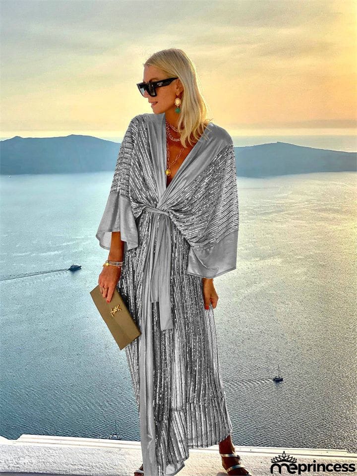 Spring and Summer Temperament Women's Sequin V-neck Cardigan Bat Sleeve Mid-waist Elegant Wind Party Vacation Dress