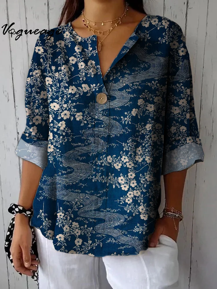 Gentle And Elegant Intellectual Flowers Printed Cotton And Linen Shirt