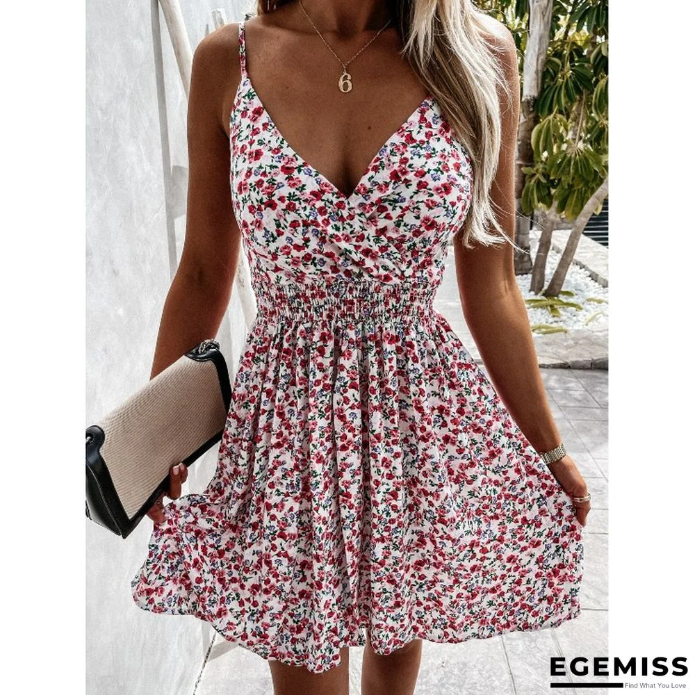Beach Skirt Print V-neck Sling Waist Dress Black Dresses | EGEMISS