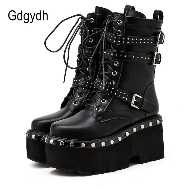 Gdgydh 2021 Spring Lace-Up Motorcycle Boots For Women Round Toe Thick Platform High Heels Female Ankle Boots Gothic Style Shoes