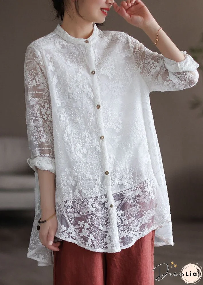Stylish White Stand Collar Embroideried Patchwork Lace Shirt Tops Long Sleeve