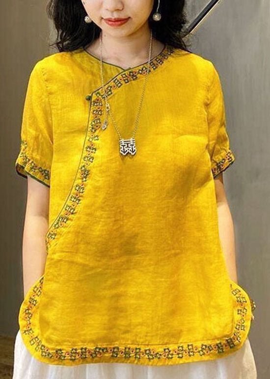 Chinese Style Yellow O-Neck Embroideried Linen Tops Short Sleeve CK976- Fabulory