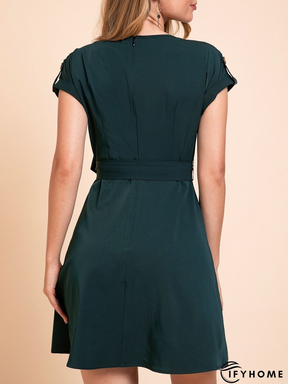 Green Tc V Neck Casual Plain Weaving Dress | IFYHOME