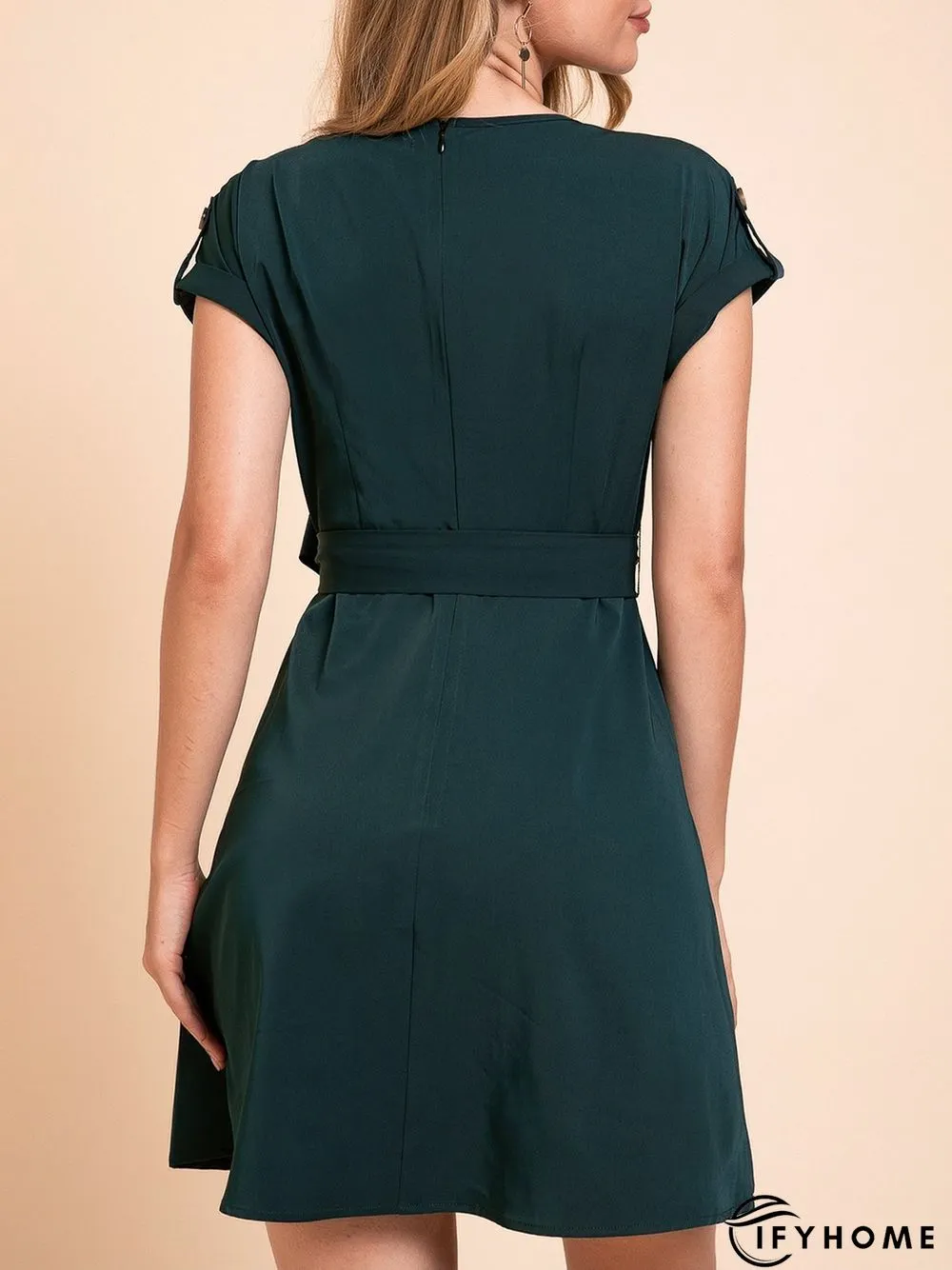 Green Tc V Neck Casual Plain Weaving Dress | IFYHOME