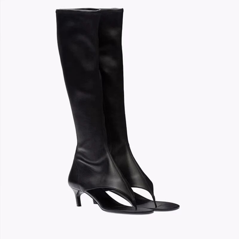 VCSHOES Open Toe Pinch Toe Stretch Cat Heel Boots Woman Black Knee-High Side Zipper Shoes For Women