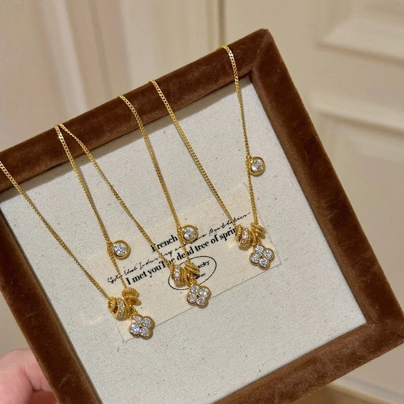 Elegant Lady Four Leaf Clover Flower Copper Mixed Metal Rings Bracelets Necklace