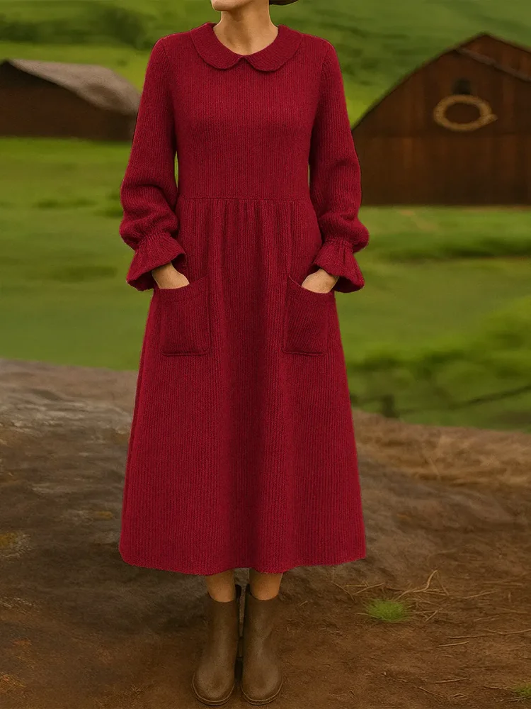 Women's Solid Color Peter Pan Collar Long Sleeve Casual Loose Pocket Knit Dress