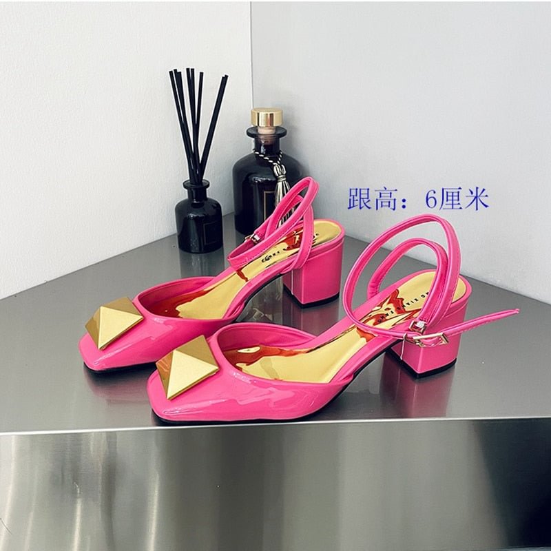 SUOJIALUN New Design Square Toe Women Sandals Fashion Big Gold Rivet Ladies Dress Party Shoes Square High Heel Pumps Shoes