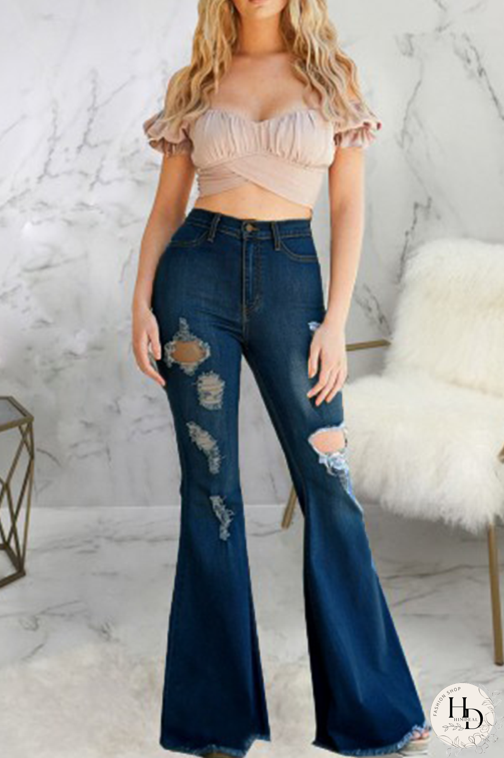 Dark Blue Casual Solid Ripped Mid Waist Boot Cut Denim Jeans