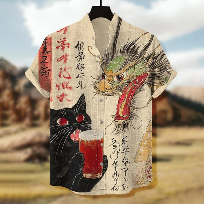 Men's Black Cat Drinking Beer And Dragon Japanese Calligraphy Art Print Casual Shirt  artssus