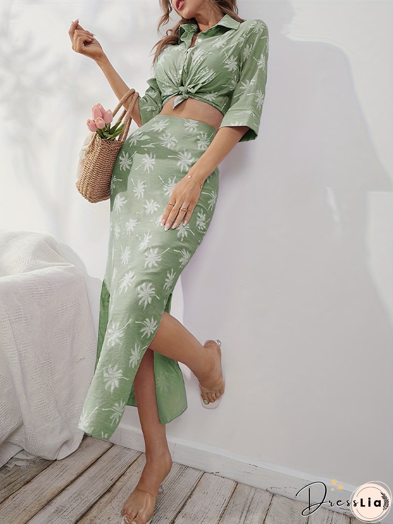Coconut Tree Print Two-Piece Set Button Front Cropped Shirt High Waist Split Skirts