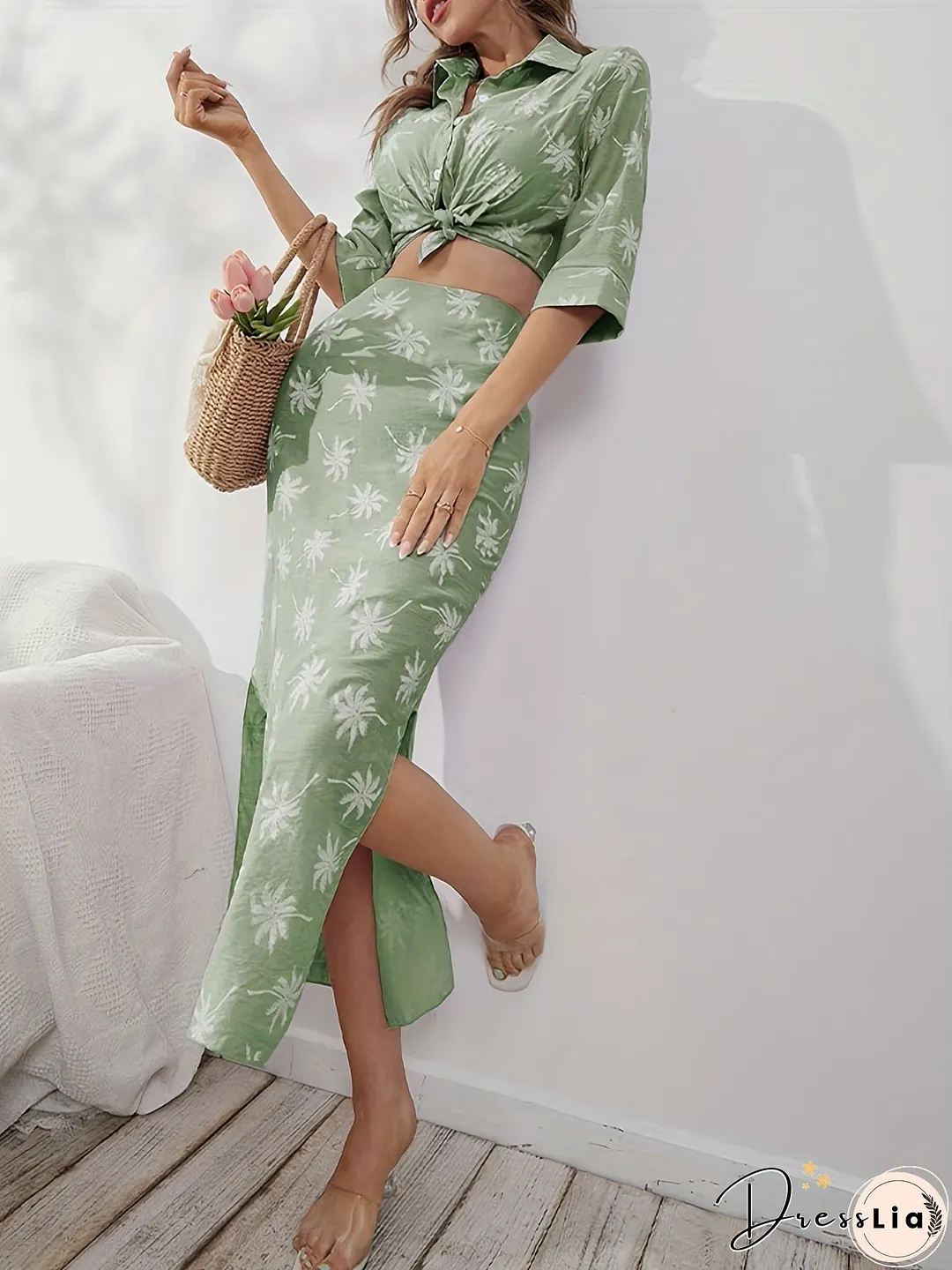 Coconut Tree Print Two-Piece Set Button Front Cropped Shirt High Waist Split Skirts