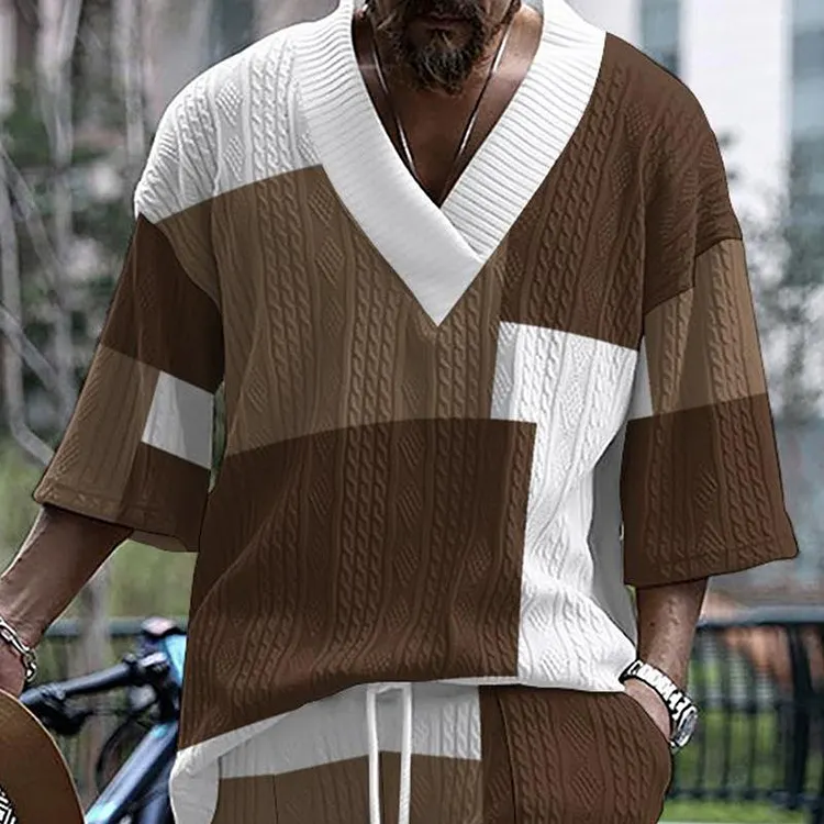 Men's Jacquard V-neck Loose Printed Short-sleeved T-shirt 86100637X