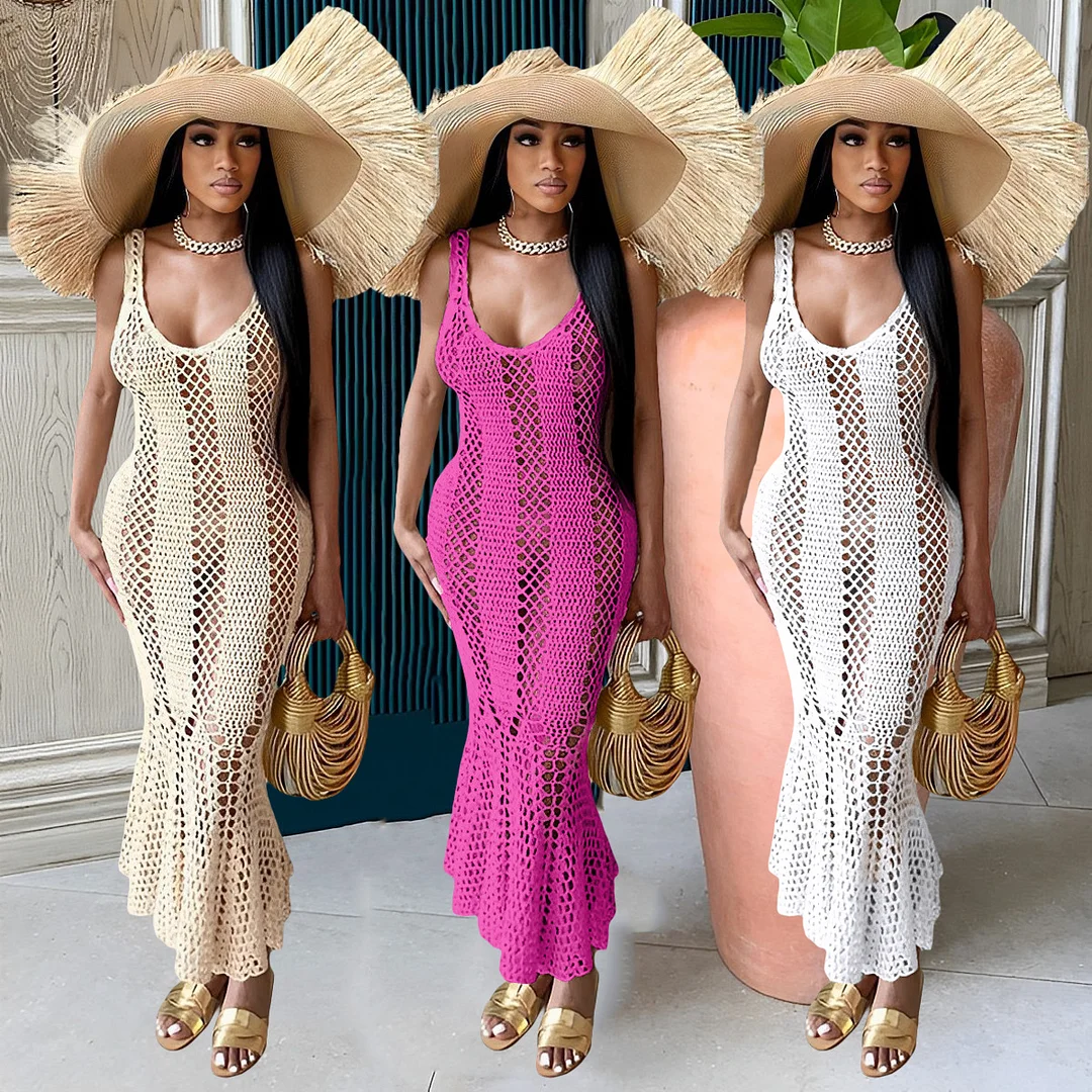 Sexy Hollow Solid Color V-neck Knitted Sleeveless Mermaid Dress | IFYHOME