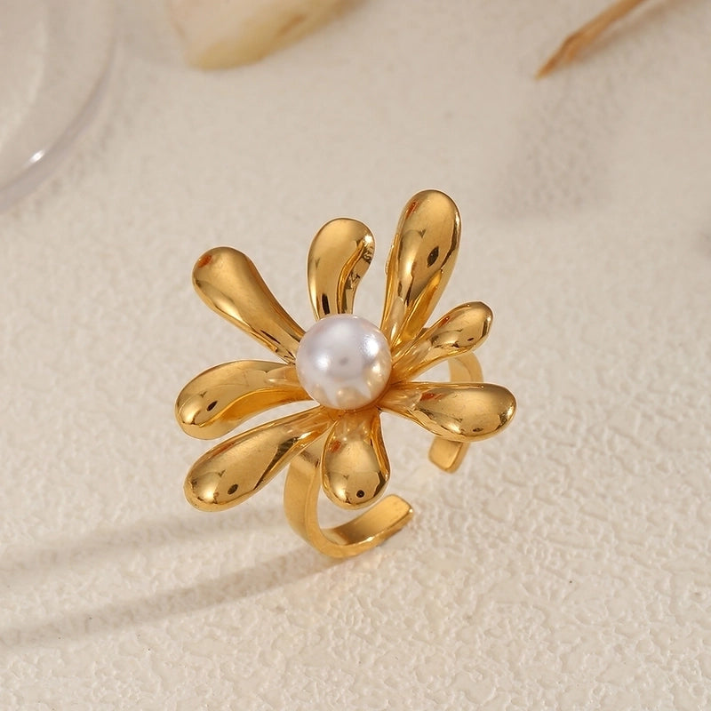 Elegant Flower 304 Stainless Steel Pearl Inlay Open Rings