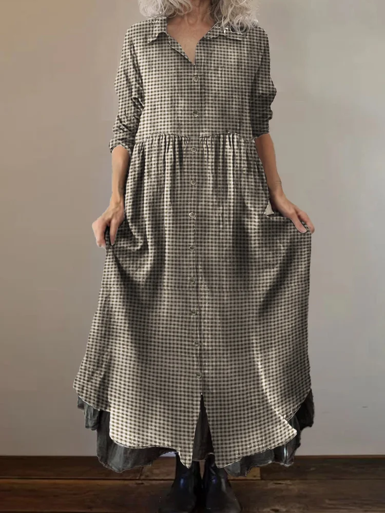 Vintage Check Buttonthrough Linen Blend Maxi Dress