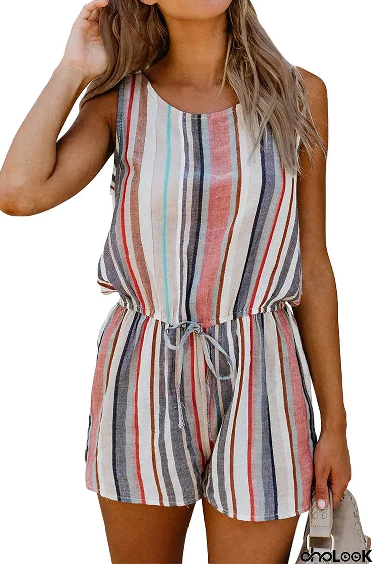 Striped Drawstring O-Neck Sleeveless Romper