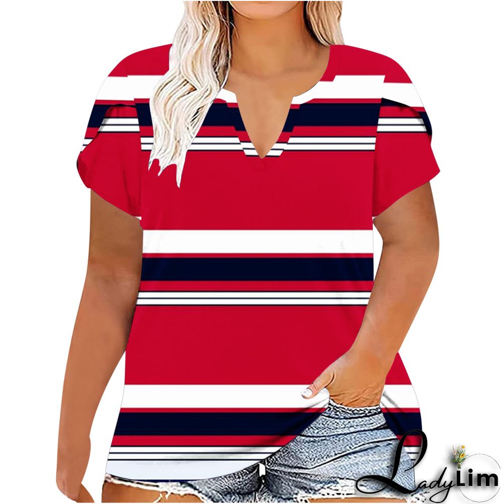 V-Neck Plus Size Ladies Short Sleeve T-Shirt Printed Top