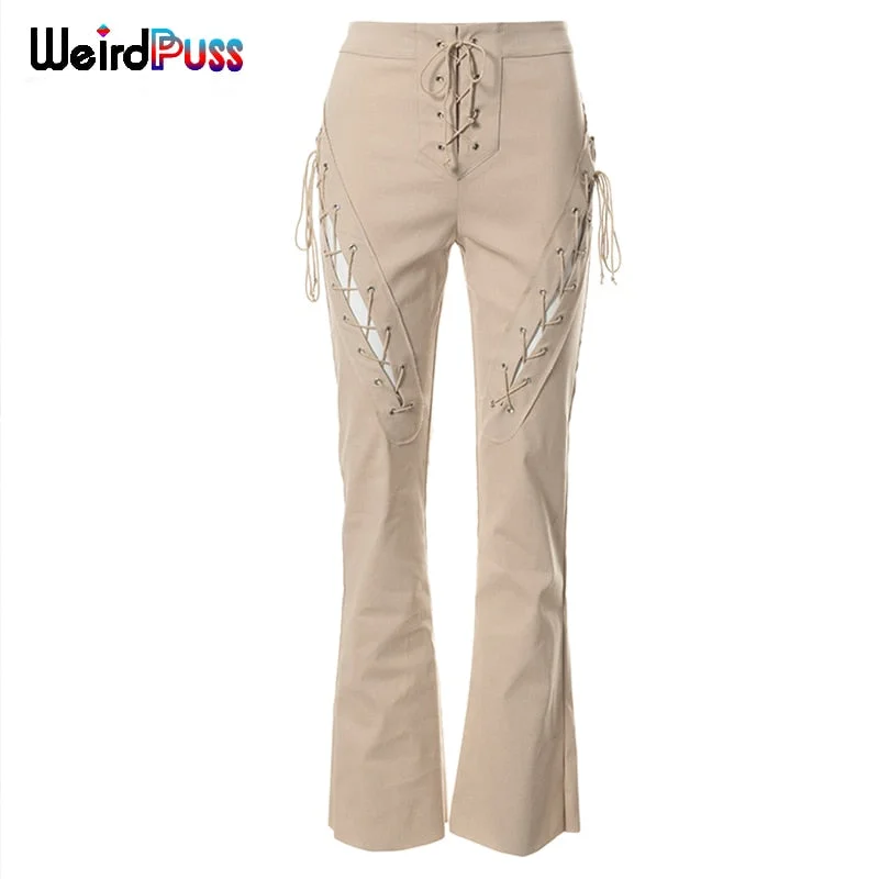 Weird Puss Y2K Lace Up High Waist Straight Pants Women Casual Hollow Skinny Trousers Autumn Loose Chic Wild Streetwear Bottoms