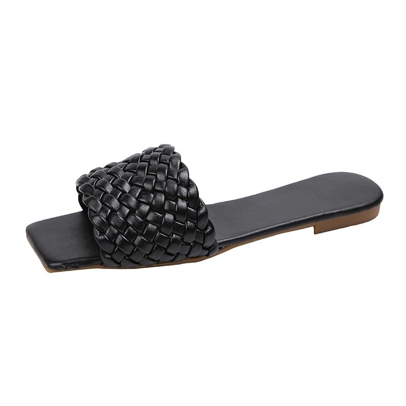 Sexy Luxury Women Fashion Slippers Pu Weave Flat Heel Open Toe Non Slip Rubber Sole Woven Outdoor Slides Ladies Shoes Summer