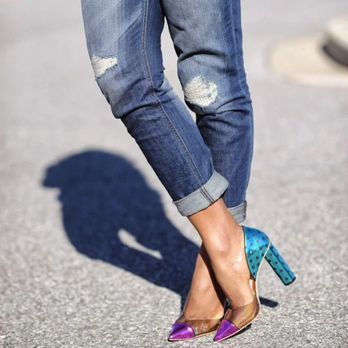 Chunky Heels transparent PVC Pointy Toe Fashion Pumps |FSJ Shoes