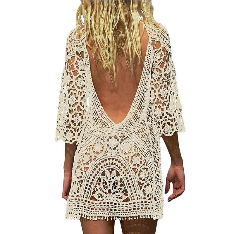 Sexy Women’s Bathing Suit Cover Up Crochet Lace Bikini Bathing Suit Swimsuit Smock Knitting Swimwear Mesh Beach Dress Tunic Robe