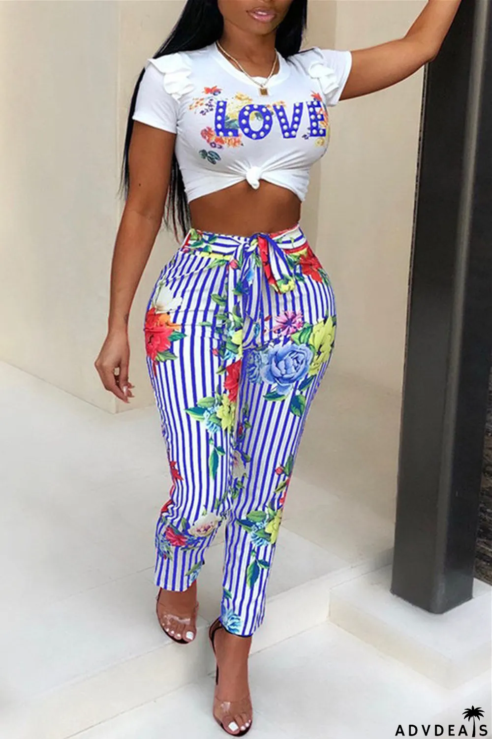 Blue Fashion Casual Print Basic O Neck Short Sleeve Two Pieces