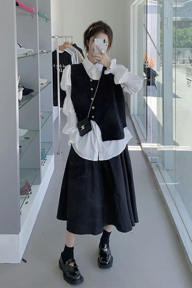 Chic Asymmetric Knit Vest & Lantern-sleeved Shirt & Minimalist Skirt 3 pieces Set
