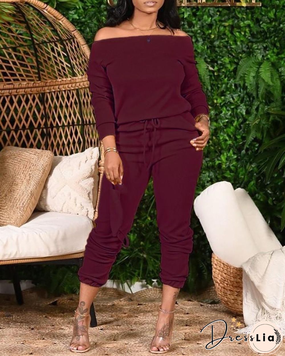 Plus Size Plain Long Sleeve Top & Drawstring Pants Set P14071
