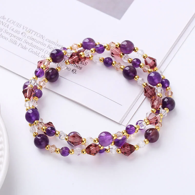 Natural Tourmaline Strawberry Quartz Amethyst Peace Wisdom Double Wrap Bracelet